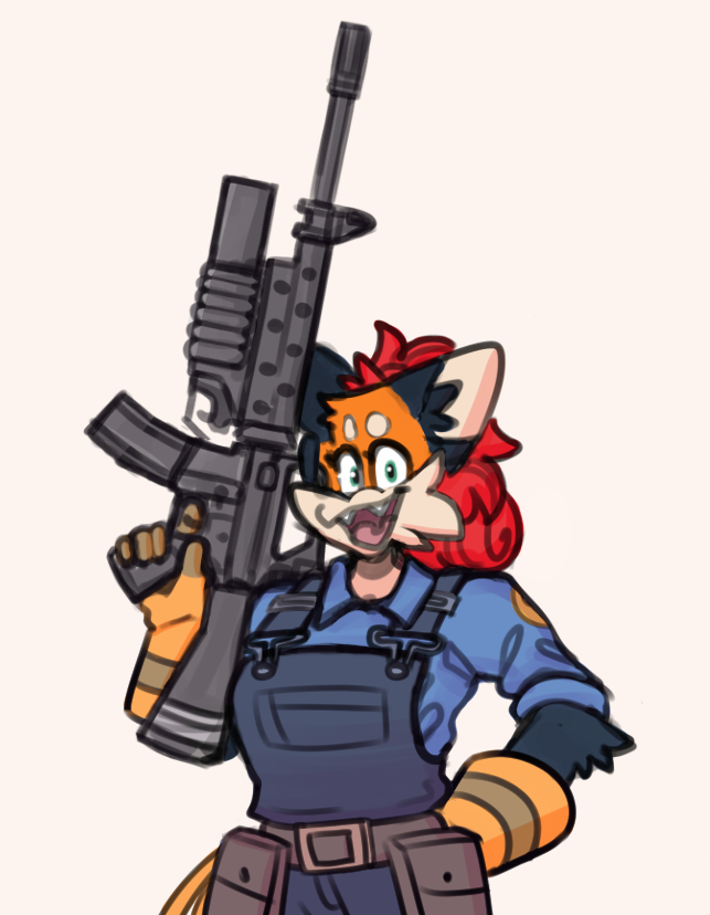 anthro assault_rifle clothing cute_fangs fangs female gloves green_eyes grenade_launcher gun hair hand_on_hip handwear looking_at_viewer m16 m203 orange_body overalls ranged_weapon red_hair rifle shirt simple_background smile smiling_at_viewer solo teeth tied_hair topwear weapon sketchytoasty third-party_edit team_fortress_2 valve engineer_(team_fortress_2) pepper_(sketchytoasty) canid canine fox mammal