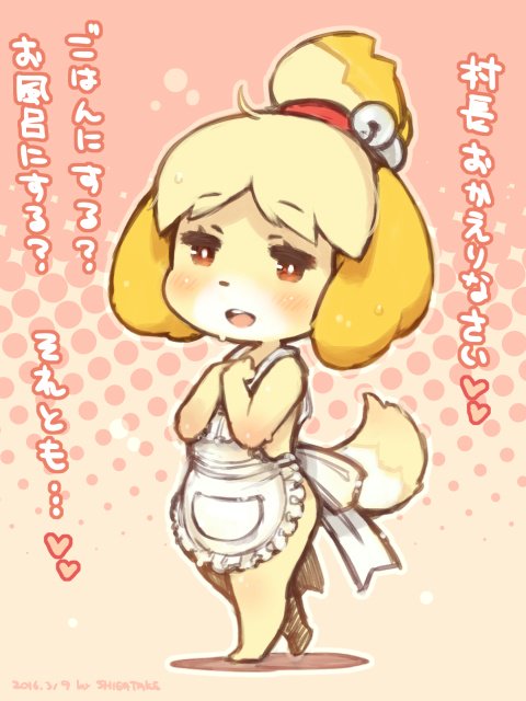 accessory amber_eyes anthro apron apron_only bell biped blonde_hair blush bodily_fluids clothing dialogue female fur hair hair_accessory heart_symbol looking_at_viewer mostly_nude open_mouth solo standing sweat talking_to_viewer text yellow_body yellow_fur shigatake animal_crossing nintendo isabelle_(animal_crossing) canid canine canis domestic_dog mammal shih_tzu toy_dog 2016 3:4 dated full-length_portrait japanese_text portrait signature translated