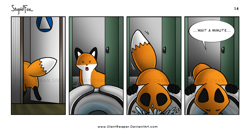 :o ambiguous_gender base_one_layout beverage dialogue dipstick_tail feral four_frame_image head_in_toilet humor markings mistake multicolored_tail one_row_layout open_mouth solo tail tail_markings text toilet emily_chan stupidfox canid canine fox mammal 2009 comic distracting_watermark english_text watermark