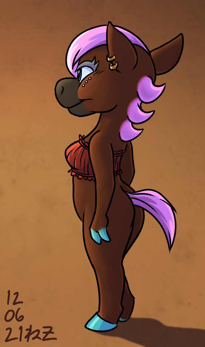 anthro bottomless breasts brown_body brown_fur clothed clothing ear_piercing ear_ring female fur hair hooves piercing pink_hair ring_piercing solo sankam animal_crossing nintendo reneigh_(animal_crossing) equid equine horse mammal 2021 hi_res