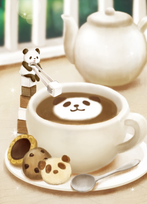 beverage black_body black_fur coffee cookie detailed_background food fur kemono micro sitting slightly_chubby solo sugar sugar_cube white_body white_fur araru bear giant_panda mammal 2015