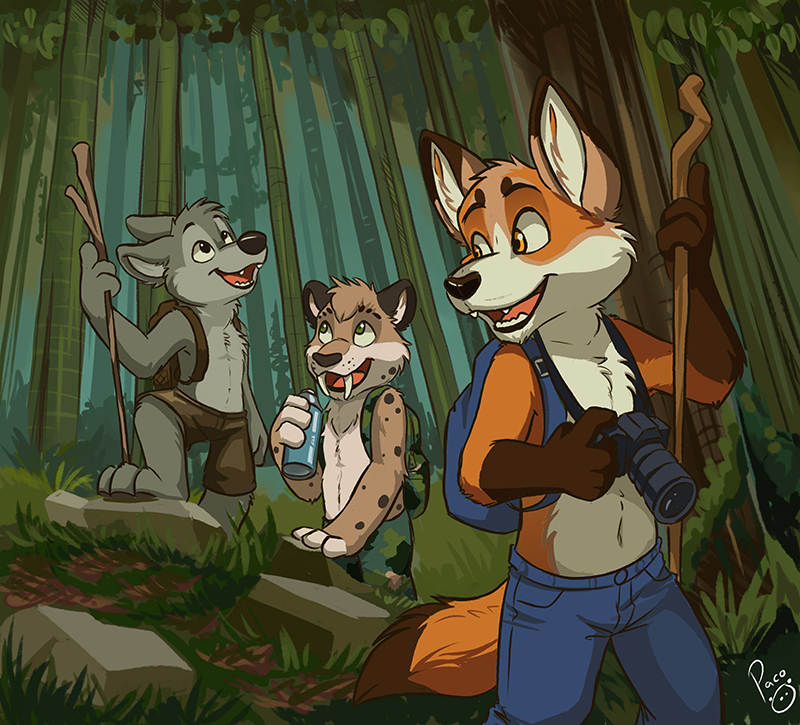 3_toes anthro backpack barefoot camera clothed clothing feet forest group male paws plant toes topless tree pandapaco canid canine canis felid fox mammal prehistoric_species saber-toothed_tiger wolf 2018 digital_media_(artwork) medibang_paint_(artwork)