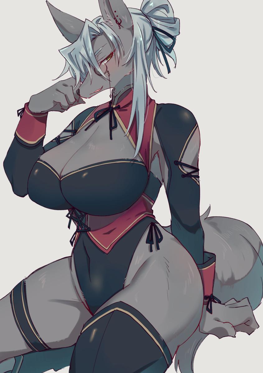 anthro big_breasts black_nose blush breasts cleavage clothed clothing ear_piercing eyewear female female_anthro fluffy fluffy_tail fur grey_background grey_body grey_fur grey_hair hair hair_bun kemono legband monocle navel piercing simple_background sitting solo tail thighband yellow_eyes sgsix canid canine mammal 2020 hi_res portrait three-quarter_portrait