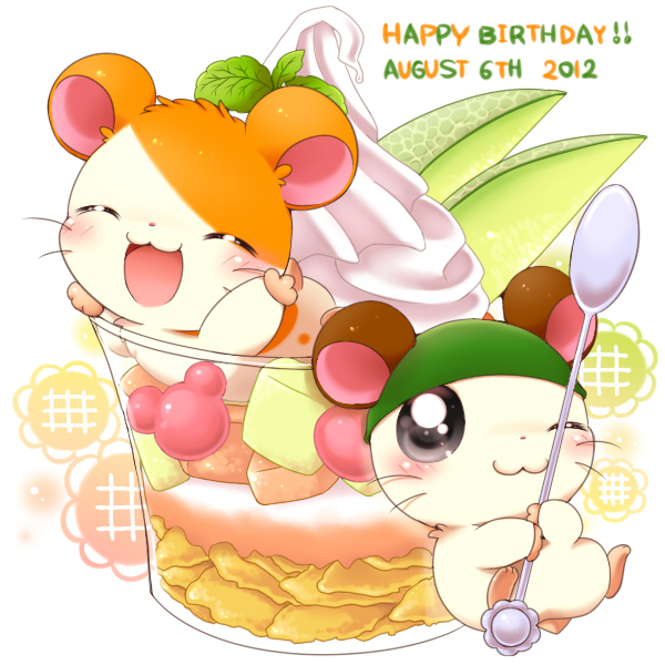 brown_body brown_fur clothing cutlery duo eyes_closed flower food fur hat headgear headwear kemono kitchen_utensils nude one_eye_closed open_mouth orange_body orange_fur plant simple_background spoon sunflower tongue tools white_background white_body white_fur wink aimia492 hamtaro_(series) cappy_(hamtaro) hamtaro cricetid hamster mammal rodent 1:1