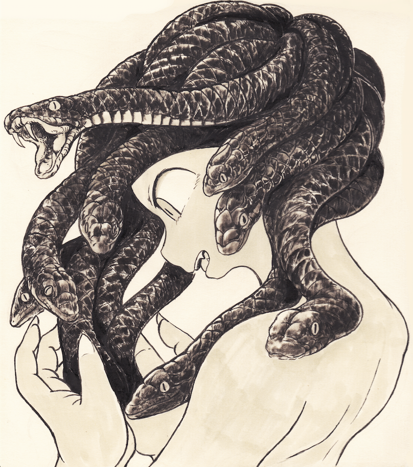 female living_hair nude open_mouth pseudo_hair snake_hair solo oratnir european_mythology greek_mythology mythology gorgon humanoid reptile scalie snake monochrome traditional_media_(artwork)