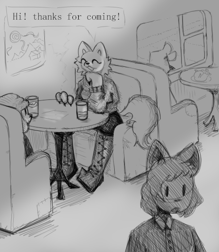 alternative_fashion anthro black_bottomwear black_clothing black_pants boots bottomwear cafe clothing comic_panel date dating dialogue duo female footwear furniture goth male pants romantic romantic_couple shoes size_difference smile speech_bubble table text mevka_(artist) dog_boy_(mevka) fox_girl_(mevka) canid canine canis domestic_dog fox mammal black_and_white comic english_text monochrome