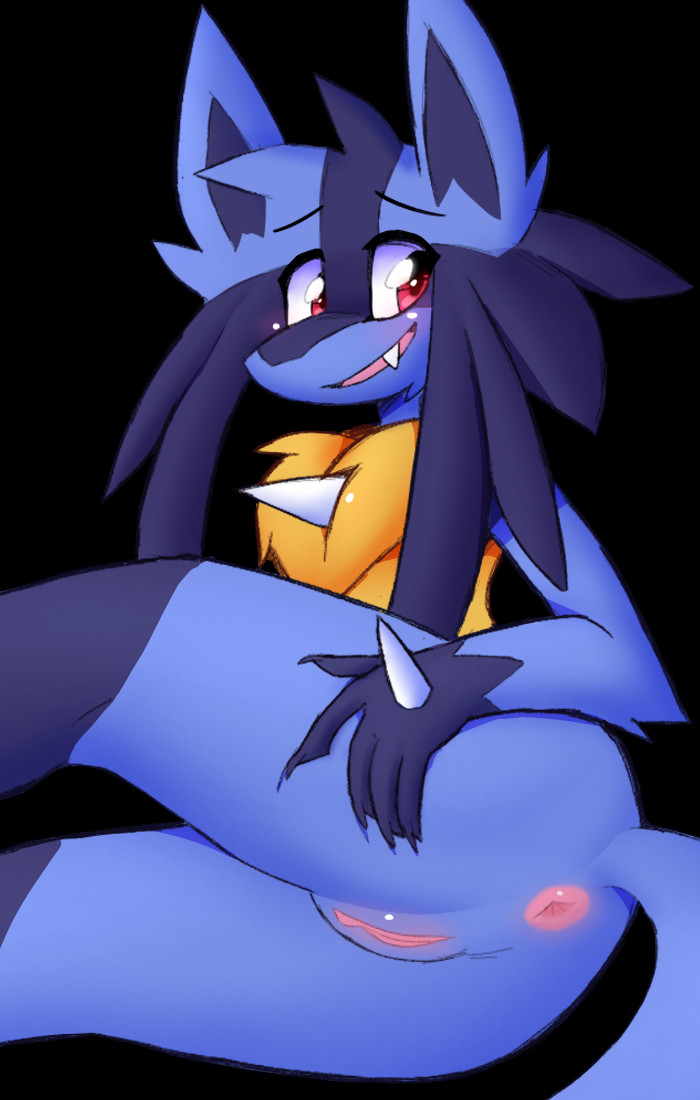 anthro anus blue_body blue_fur butt chest_tuft claws cute_fangs fangs female fur gaping gaping_anus genitals nude pink_eyes presenting presenting_hindquarters pussy simple_background smile solo teeth tuft yellow_body yellow_fur inget nintendo pokemon canid generation_4_pokemon lucario mammal pokemon_(species) 2021