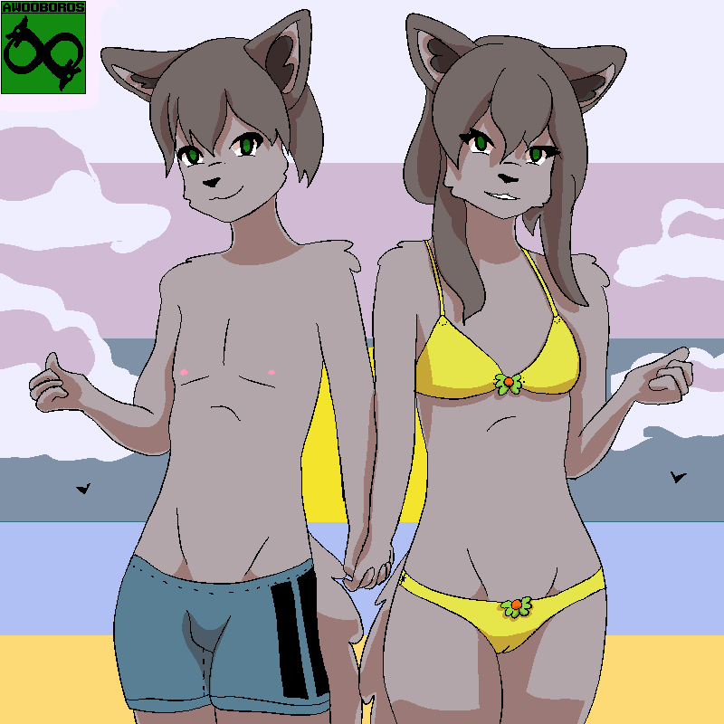 4_fingers 8-bit anthro bikini bikini_bottom bikini_top clothing female fingers fur green_eyes grey_body grey_fur grey_hair hair hand_holding horizon logo male sea sky swimwear text two-piece_swimsuit water yellow_bikini_bottom yellow_bikini_top yellow_clothing yellow_swimwear awooboros alex_(awooboros) lexi_(awooboros) canid canine felid feline hybrid mammal 1:1 artist_logo artist_name digital_media_(artwork) pixel_(artwork) signature brother_(lore) sibling_(lore) sister_(lore) twins_(lore)