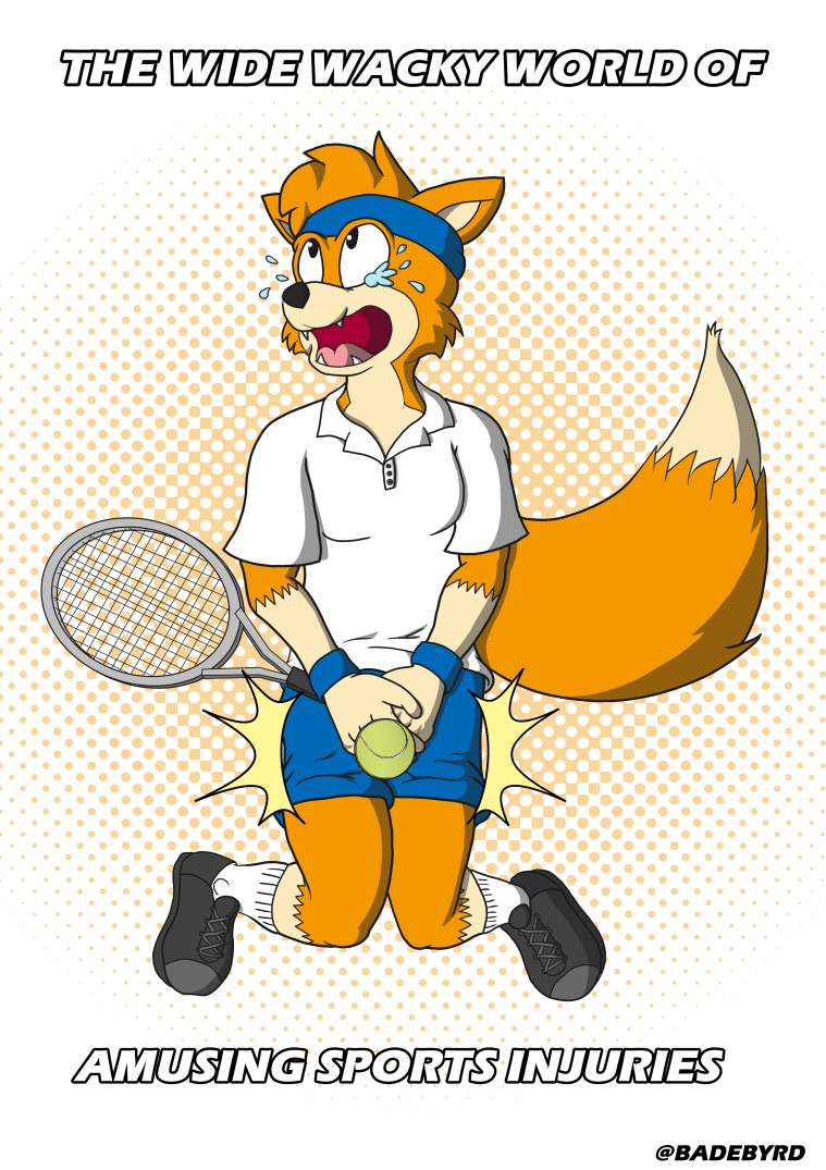 anthro attack ball clothing crotch_attack crotch_shot footwear genital_torture male shoes sneakers socks solo sport tennis tennis_ball tennis_racket wounded badebyrd pogs canid canine fox mammal true_fox