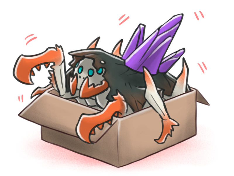 ambiguous_gender blue_eyes box cardboard cardboard_box container feral in_box in_container multi_eye solo canes-cm capcom monster_hunter arthropod nerscylla 4:3