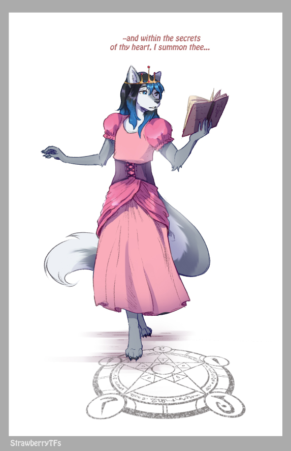 anthro book border clothed clothing crossdressing dialogue dress femboy grey_border male solo summoning summoning_circle text strawberrytfs canid canine canis mammal wolf english_text