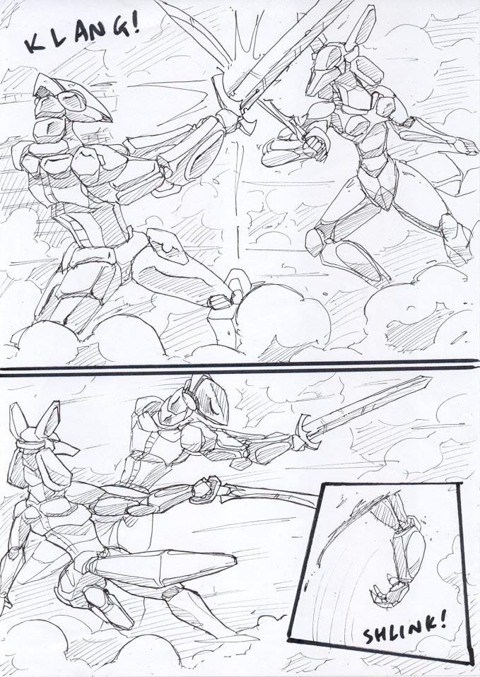 attack destruction dodging fight machine mecha melee_weapon onomatopoeia outside_panel severed_arm severed_body_part severed_limb slice smoke sound_effects sword swordfight text warzone weapon zero_pictured kitfox-crimson stolen_generation black_and_white comic monochrome sketch