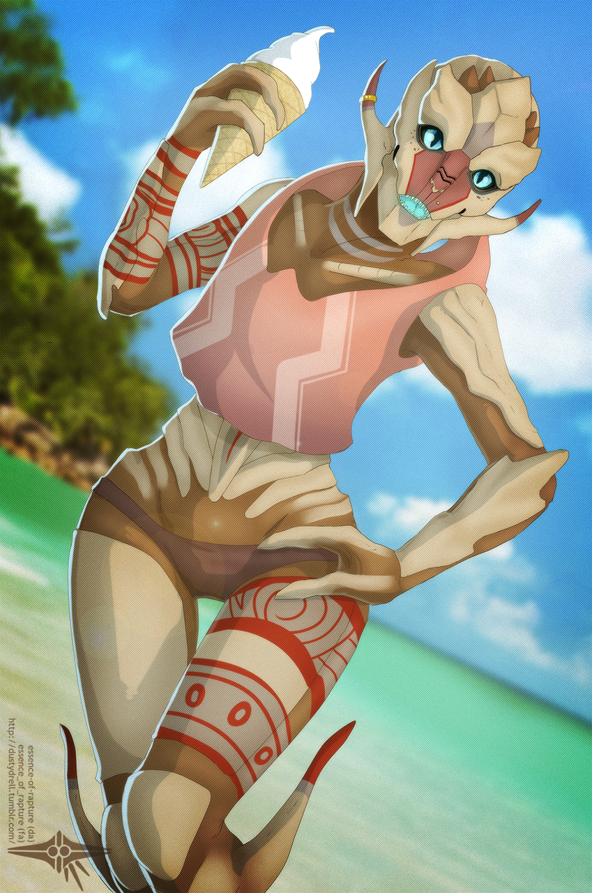 clothing dessert female food ice_cream ice_cream_cone not_furry panties sleeveless_shirt solo standing underwear essence_of_rapture bioware electronic_arts mass_effect sabi_(pyrewerepyre) alien humanoid turian hi_res