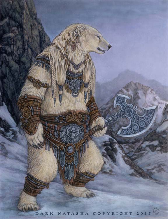 ambiguous_gender anthro armor axe battle_axe bottomwear bracers braided_hair claws clothing fur girdle hair holding_battle_axe holding_melee_weapon holding_object holding_weapon jewelry leather leather_armor loincloth male melee_weapon mountain necklace outside piercing sky snow solo text war_axe weapon white_body white_fur white_sky dark_natasha bear mammal polar_bear ursine 2015 english_text signature traditional_media_(artwork)