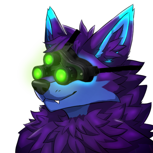 anthro blue_eyes fur glowing male night_vision_goggles purple_body purple_fur solo toothy_grin wolfrayay splinter_cell tom_clancy's_(series) ubisoft cody_(wolfrayay) canid canine canis mammal wolf 1:1 alpha_channel digital_drawing_(artwork) digital_media_(artwork) headshot_portrait portrait