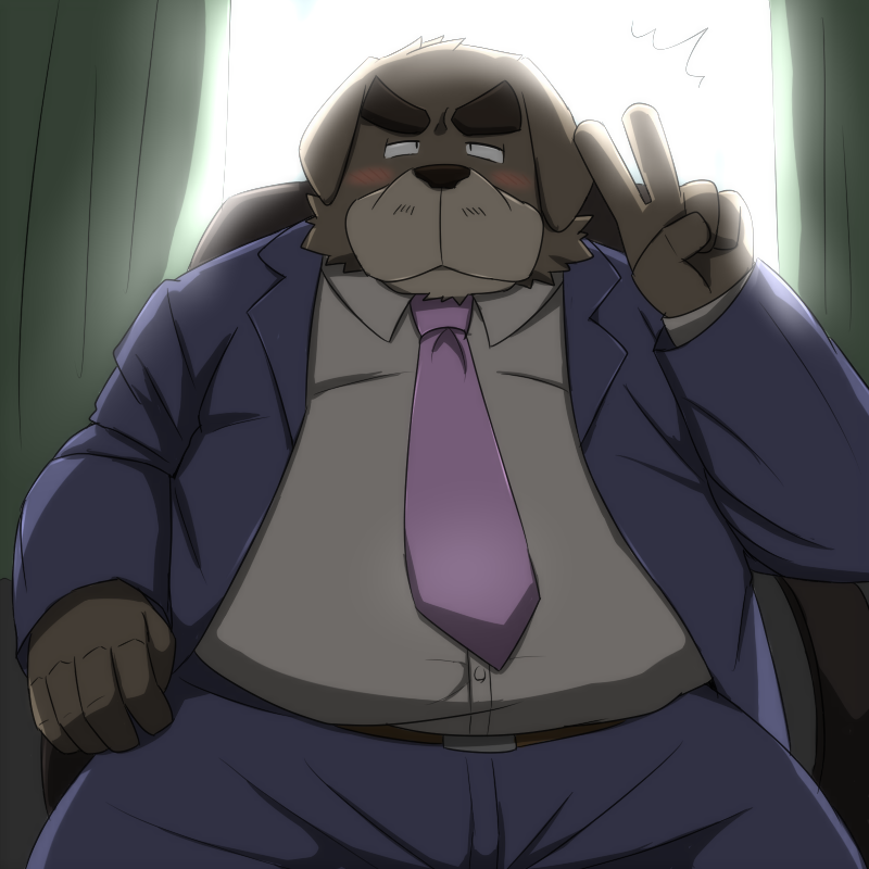 anthro belly blush bottomwear brown_body brown_fur clothing fur humanoid_hands kemono male necktie overweight overweight_anthro overweight_male pants shirt sitting solo topwear emufu canid canine canis domestic_dog mammal 1:1 2015