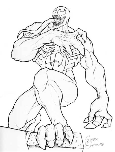 big_muscles claws emblem empty_eyes long_tongue male muscular not_furry open_mouth sharp_teeth smile solo teeth toe_claws tongue tongue_out george_tremarco_(artist) marvel venom_(marvel) alien alien_humanoid humanoid monster symbiote 2006 line_art signature