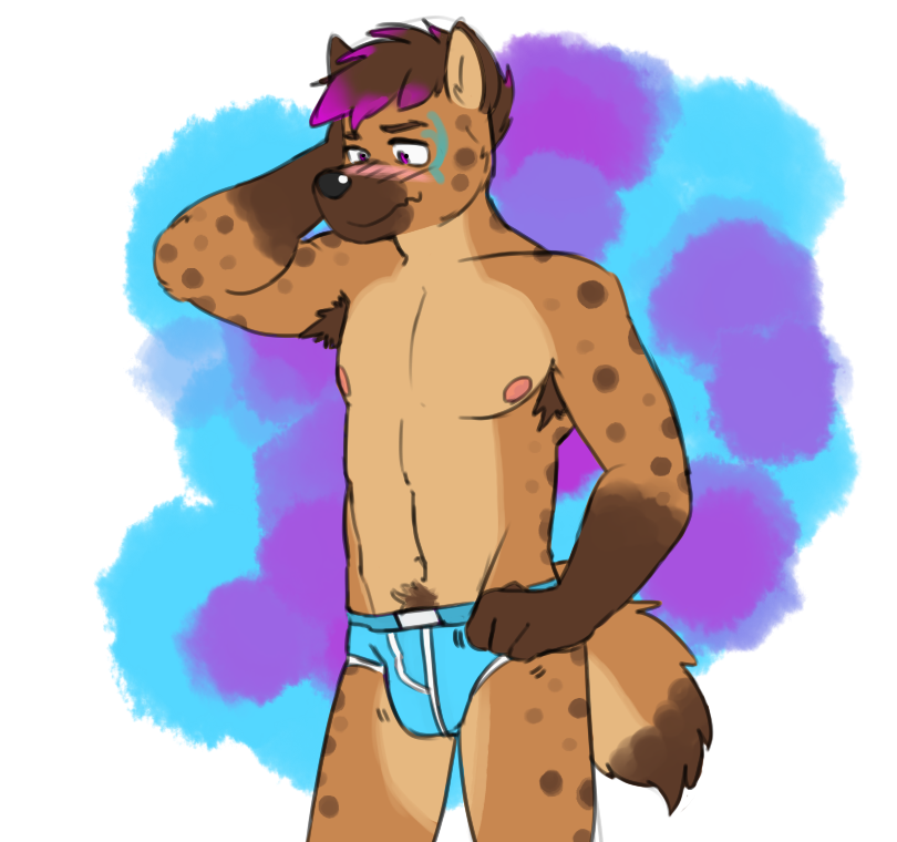 anthro armpit_hair black_nose blue_clothing blue_underwear blush body_hair briefs clothed clothing fur male nipples solo tail topless underwear underwear_only genchi jarlarild kelkko hyena mammal spotted_hyena