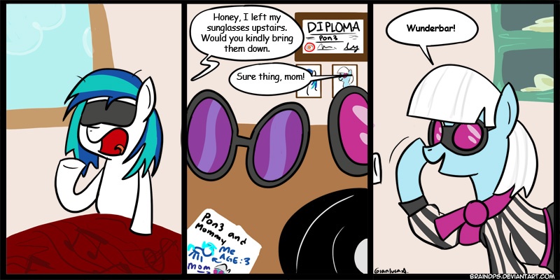 blue_hair diploma eyewear female feral glasses hair sunglasses white_hair braindps friendship_is_magic hasbro my_little_pony photo_finish_(mlp) vinyl_scratch_(mlp) earth_pony equid equine horse mammal pony 2:1 comic