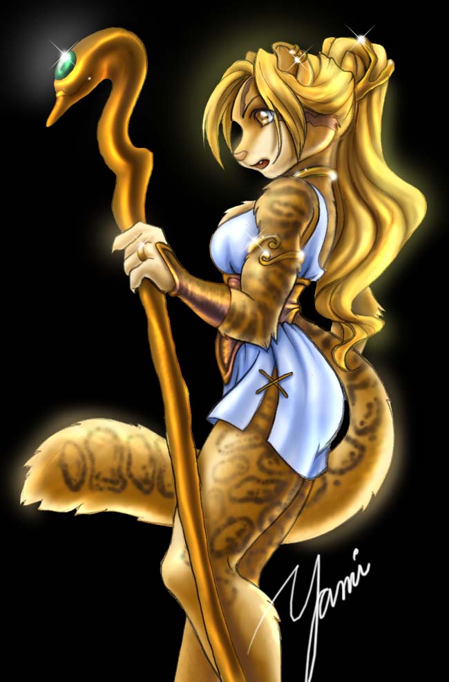 accessory amber_eyes anthro bangs biped black_background blonde_hair blue_clothing blue_dress breasts brown_body brown_fur brown_markings brown_tail chest_tuft clothed clothing collar digit_ring dress ear_piercing ear_ring female finger_ring fur fur_markings glistening glistening_jewelry glistening_melee_weapon glistening_object glistening_piercing glistening_polearm glistening_ring glistening_weapon gold_(metal) gold_ear_ring gold_hair_ornament gold_jewelry gold_piercing gold_ring hair hair_accessory holding_object holding_staff jewelry light_bottomwear light_clothing long_hair markings medium_breasts melee_weapon monotone_hair multicolored_body multicolored_fur multicolored_tail orange_body orange_fur parted_bangs peru_body peru_fur peru_tail piercing polearm ring ring_(jewelry) ring_piercing side_view simple_background solo staff standing tail tan_body tan_fur tuft two_tone_tail weapon devilkitten_yami devilkitten pyoni felid feline leopardus mammal ocelot signature