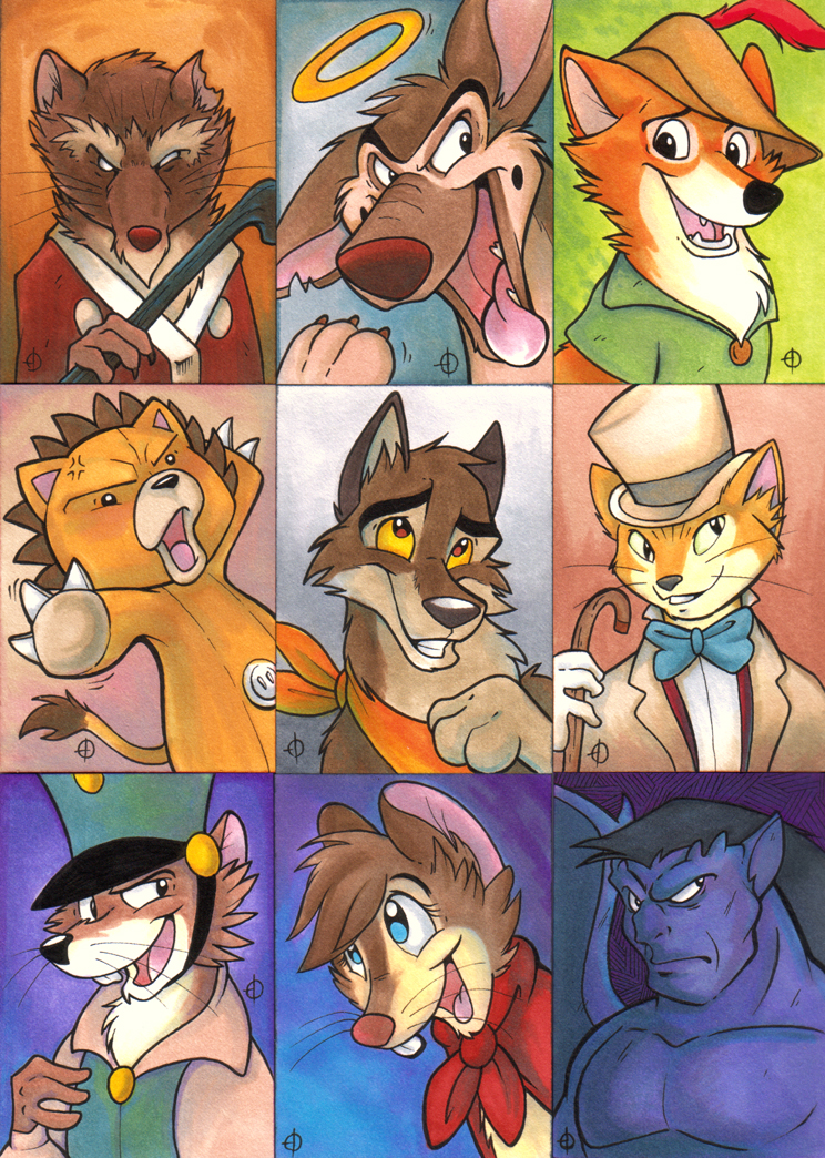 anthro black_nose blue_eyes brown_body brown_fur buckteeth claws clothed clothing female feral fur group halo hat headgear headwear kerchief male open_mouth orange_body orange_fur simple_background teeth tongue tongue_out top_hat yellow_sclera marymouse all_dogs_go_to_heaven balto_(series) bleach_(series) disney don_bluth gargoyles ghibli robin_hood_(disney) teenage_mutant_ninja_turtles the_cat_returns the_secret_of_nimh universal_studios balto baron_humbert_von_gikkingen charlie_barkin goliath_(gargoyles) justin_(nimh) kon master_splinter mrs._brisby robin_hood canid canine canis domestic_cat domestic_dog felid feline felis fox gargoyle german_shepherd herding_dog hybrid mammal murid murine pastoral_dog rat red_fox rodent true_fox wolf wolfdog wood_mouse 2011 marker_(artwork) multiple_images traditional_media_(artwork)