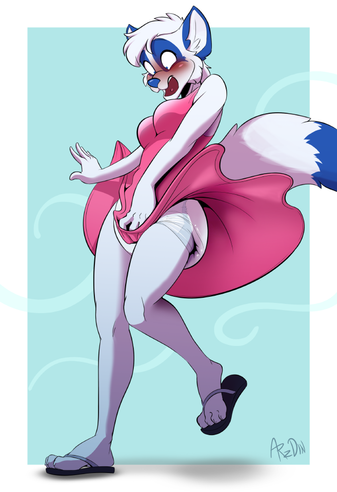 adult_diaper anthro blown_skirt blush bottomwear clothed clothing diaper diaper_fetish embarrassed exposed_diaper female footwear looking_down open_mouth sandals shoes skirt solo surprised upskirt wearing_diaper wind arzdin canid canine fox mammal