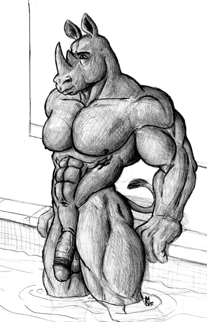 abs animal_genitalia anthro balls biceps big_muscles biped circumcised circumcision_scar flaccid genital_scar genitals horn humanoid_genitalia humanoid_penis male muscular muscular_anthro muscular_male nipples nude pecs penis pose presenting scar sheath solo standing swimming_pool thick_penis vein water wet sudonym mammal rhinoceros 1997 monochrome sketch