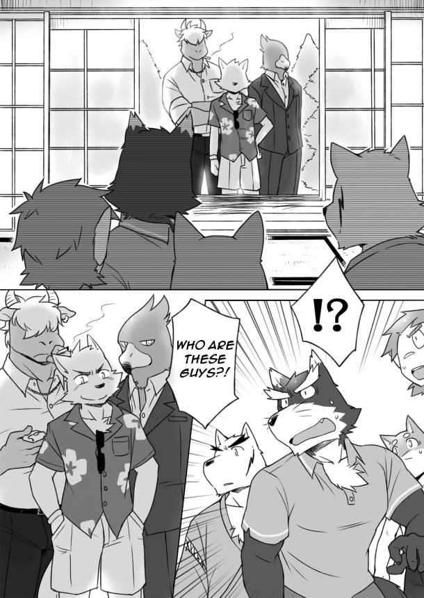 anthro clothing dialogue male text cotton_(artist) tooboe_bookmark natsume_(tooboe_bookmark) nitobe noguchi sadasaka_usui stephen_mcguffin canid canine canis domestic_dog haplorhine mammal monkey primate comic english_text monochrome