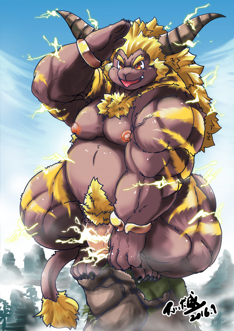 anthro belly big_belly genitals humanoid_genitalia humanoid_hands humanoid_penis kemono male moobs musclegut muscular nipples outside overweight overweight_male penis pubes solo tongue tongue_out inuiookawa capcom monster_hunter primatius rajang 2016