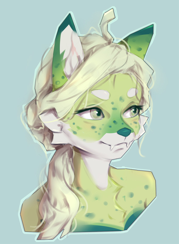 anthro eyebrows female fur green_body green_fur green_spots hair mouth_closed simple_background smile solo spots white_eyebrows white_hair welive bust_portrait digital_media_(artwork) portrait