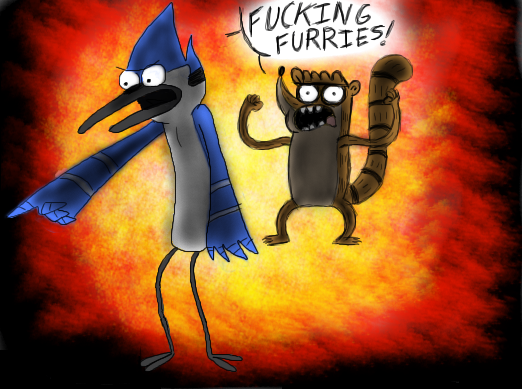 2_toes 3_toes 4_fingers angry anthro avian_feet barefoot beak blue_body blue_feathers brown_body brown_fur duo feathers feet fingers fire fur fursecution gesture hand_gesture male open_mouth pointing raised_tail size_difference standing stripes tail teeth text toes toony fredryk_phox cartoon_network paintchat regular_show mordecai_(regular_show) rigby_(regular_show) avian bird blue_jay corvid jay_(bird) mammal new_world_jay oscine passerine procyonid raccoon english_text