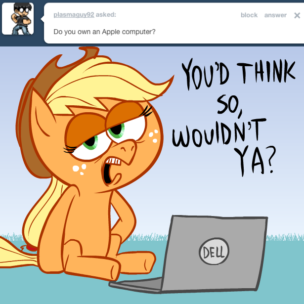 ask_jappleack blonde_hair clothing computer cowboy_hat dialogue electronics female feral grass green_eyes hair hat headgear headwear laptop mane plant ponytail solo tail text hotdiggedydemon dell friendship_is_magic hasbro my_little_pony tumblr applejack_(mlp) earth_pony equid equine horse mammal pony 1:1 digital_media_(artwork) english_text