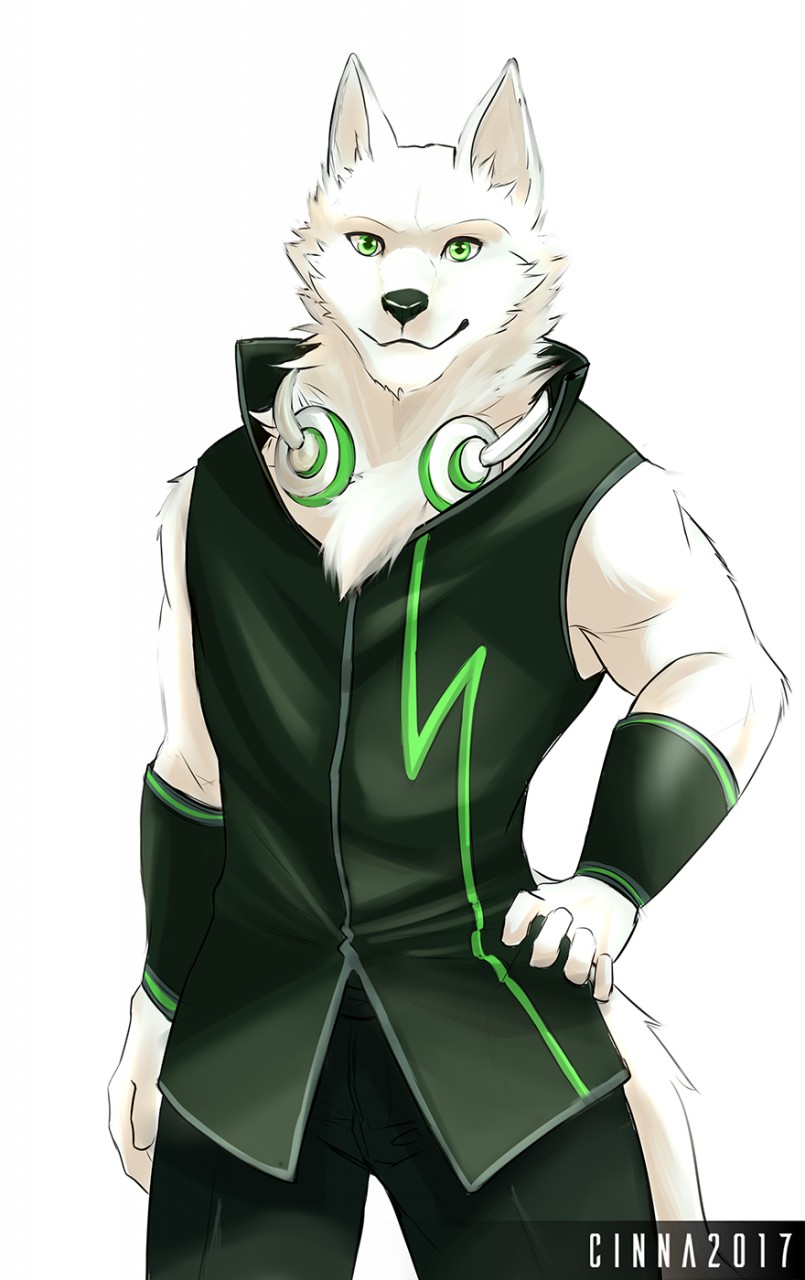 anthro chest_tuft clothed clothing electronics fully_clothed fur green_eyes headphones looking_at_viewer male muscular muscular_anthro muscular_male shirt simple_background smile solo standing topwear tuft vest white_background white_body white_fur wristband cinnahipster utau sero_tsugumine canid canine canis hybrid mammal wolfdog 2017 hi_res