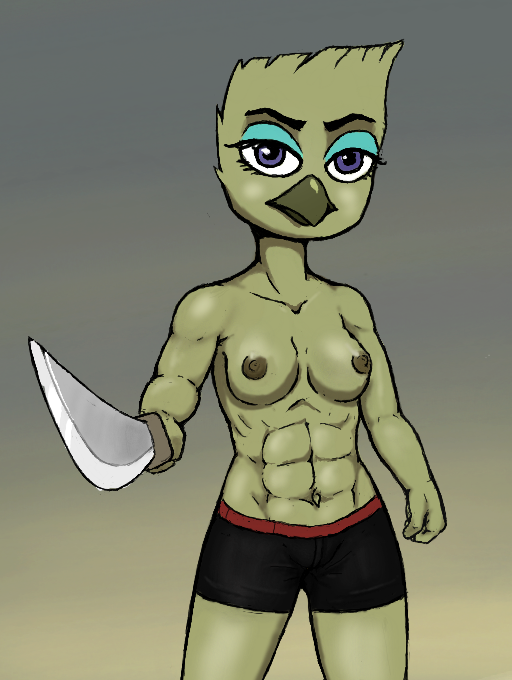 abs beak breasts clothed clothing female melee_weapon muscular muscular_female nipples non-mammal_breasts non-mammal_nipples solo sword tight_clothing topless weapon nsfy_(artist) disney ducktales ducktales_(2017) gabby_mcstabberson avian