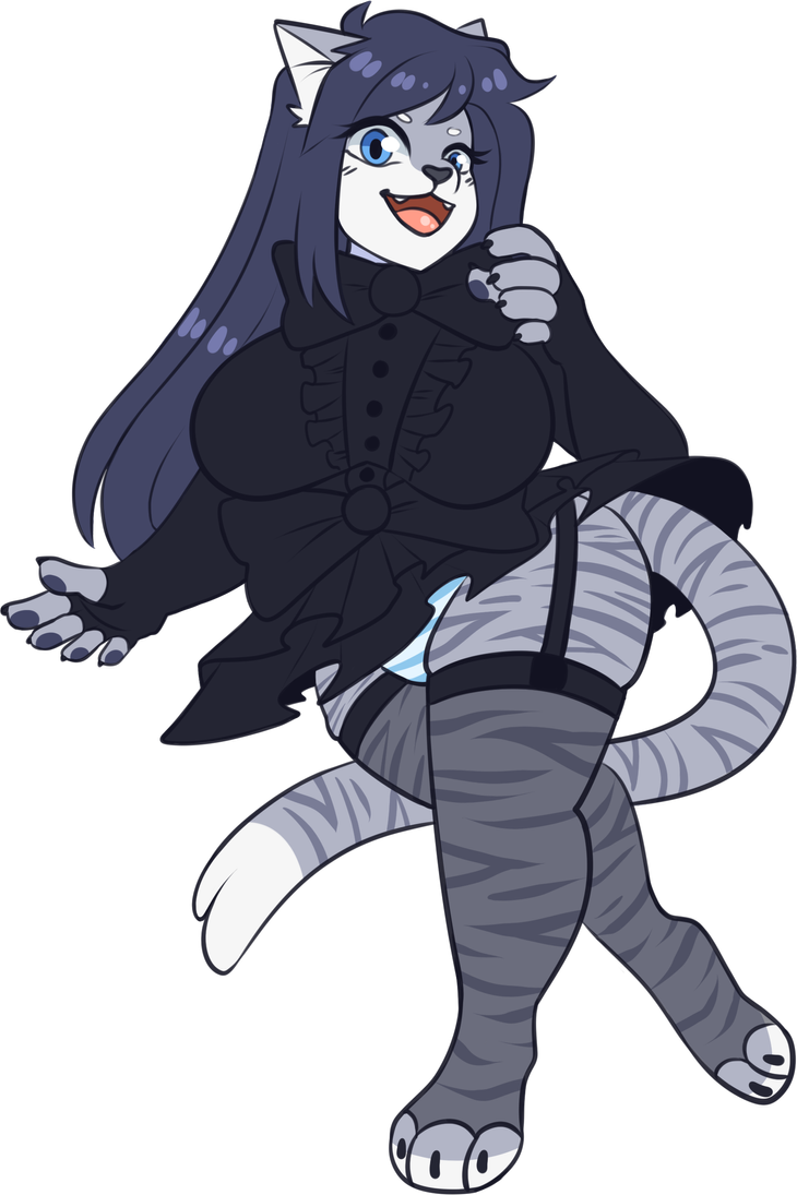 anthro big_breasts blue_eyes breasts clothing dress fangs female fur hair huge_breasts legwear long_hair necktie overweight panties short_dress solo stockings striped_body striped_fur stripes teeth underwear waist_bow wide_hips yukiin meioko_(binnoc9) domestic_cat felid feline felis mammal 2:3 alpha_channel