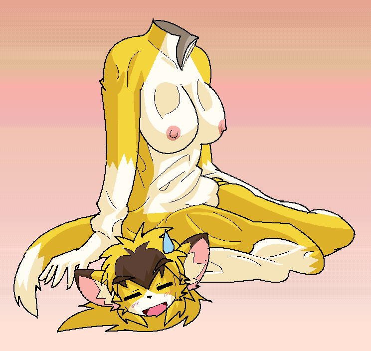 anthro breasts clothing costume eyes_closed female fur fursuit head_unattached headless hollow_body kemono nipples open_mouth solo unusual_anatomy yellow_body yellow_fur kobuchi_(524koki) animate_inanimate domestic_cat felid feline felis living_clothing living_costume living_fursuit mammal aliasing binary_drawing digital_drawing_(artwork) digital_media_(artwork)