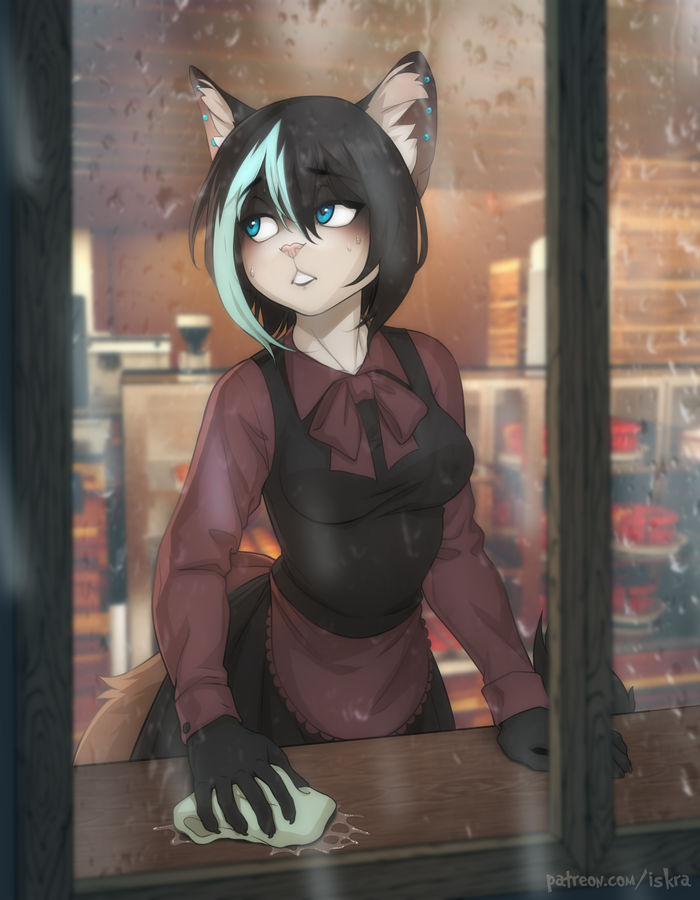 5_fingers anthro barista behind_glass black_hair blue_eyes bodily_fluids cafe clothed clothing coffee_shop day detailed_background employee female fingers fur glass hair looking_outside looking_through looking_through_window multicolored_body multicolored_fur raining solo standing sweat window iskra mai_karmel domestic_cat felid feline felis mammal 2018 digital_media_(artwork)