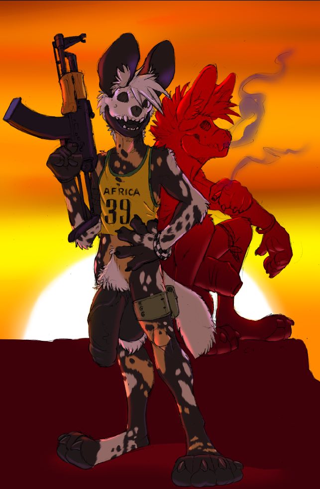 aks-74u assault_rifle ball_tuft balls big_balls big_penis black_balls black_penis bone carbine clothing duo flaccid genitals gun kerchief male mohawk penis pose pubes ranged_weapon rifle simple_background skull skull_head smoke smoking sunset tuft weapon gideon african_wild_dog canid canine mammal 2018 digital_media_(artwork)