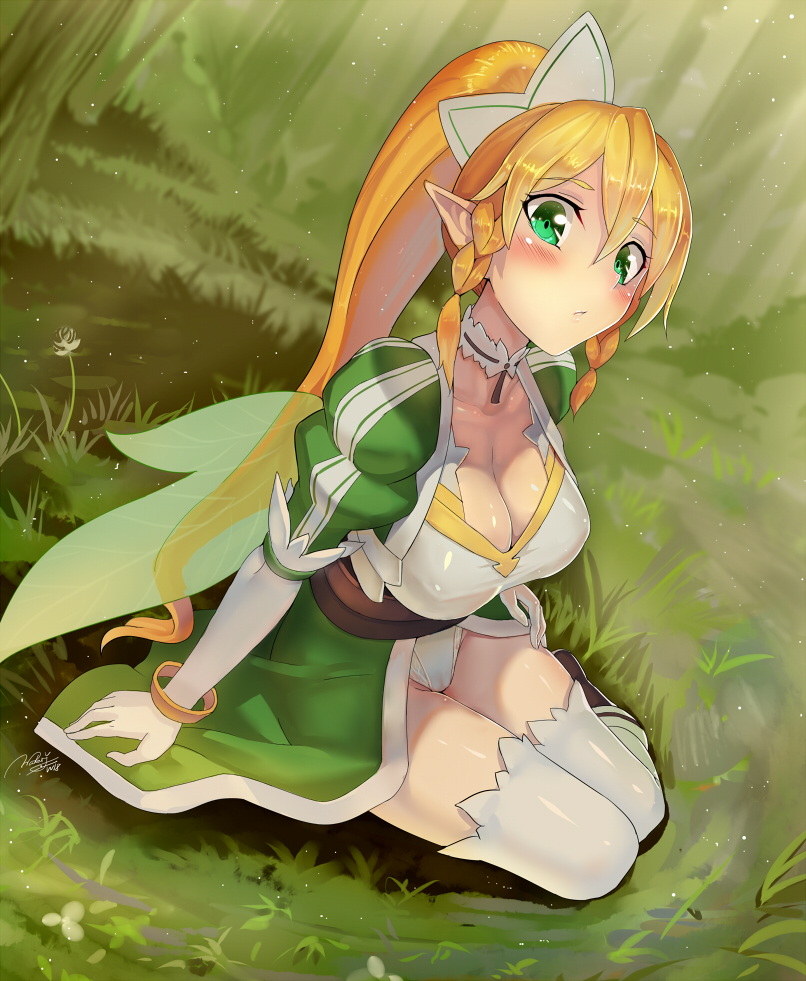 armwear blonde_hair blush bracelet breasts cleavage clothed clothing elbow_gloves eyelashes female forest gloves grass hair handwear humanoid_pointy_ears jewelry legwear leotard not_furry outside plant pointy_ears sitting solo thigh_highs tree walzrj sword_art_online suguha_kirigaya elf humanoid 2014 signature