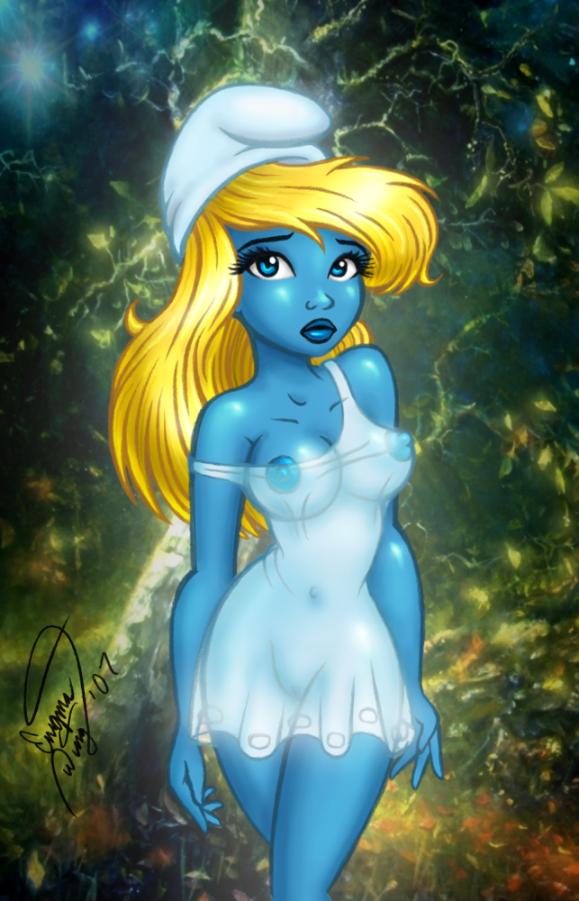 biped blonde_hair blue_eyes breasts clothed clothing curve female genitals hair hat headgear headwear long_hair looking_at_viewer navel nipples not_furry off_shoulder outside phrygian_cap pussy solo translucent translucent_clothing enigmawing the_smurfs smurfette humanoid smurf grandfathered_content