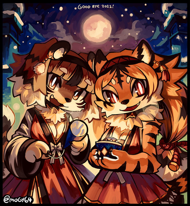 anthro breasts cleavage clothed clothing cloud cute_fangs duo fangs female female_anthro fur hair holidays kemono looking_at_viewer moon multicolored_body multicolored_fur multicolored_hair night sky tail teeth mogy64 new_year krea canid canine canis domestic_dog felid mammal pantherine tiger 2022 digital_media_(artwork)