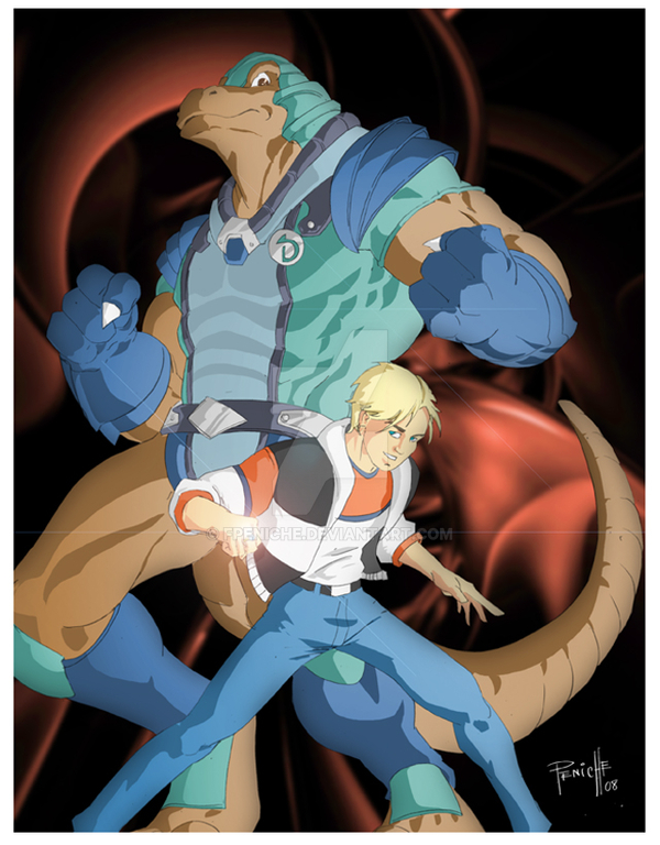 abstract_background anthro armor blonde_hair border brown_body brown_scales claws clothed clothing duo gloves hair handwear headgear helmet male muscular pose ryan_spencer scales size_difference white_border fpeniche dinosaucers allo_(dinosaucers) alien allosaurid allosaurus dinosaur human mammal prehistoric_species reptile scalie theropod signature watermark