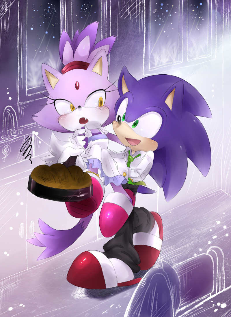 anthro apron bad_cooking blue_body blue_fur blush clothing cooking duo fangs female footwear fur male romantic romantic_couple shoes slippers teeth unichrome-uni sega sonic_the_hedgehog_(series) blaze_the_cat sonic_the_hedgehog domestic_cat eulipotyphlan felid feline felis hedgehog mammal