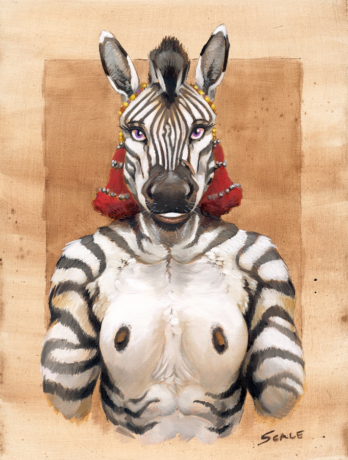 anthro black_body black_fur breasts brown_background female front_view fur looking_at_viewer mohawk multicolored_body multicolored_fur nipples purple_eyes simple_background solo stripes two_tone_body two_tone_fur white_body white_fur scale_(artist) equid equine grevy's_zebra mammal zebra half-length_portrait oil_painting_(artwork) painting_(artwork) portrait signature traditional_media_(artwork)