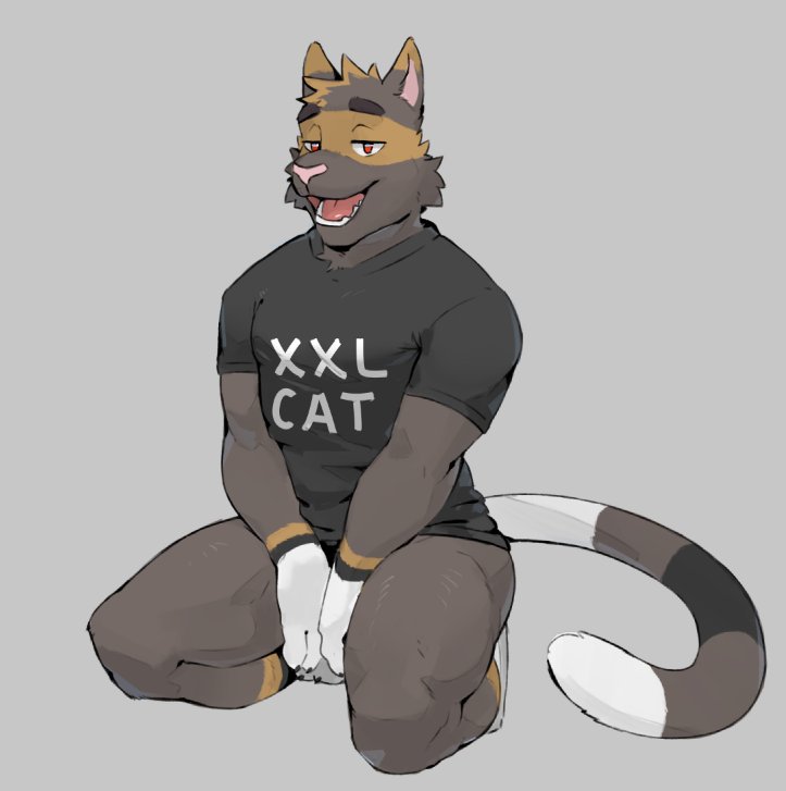 anthro bottomless bottomless_male clothed clothing covering covering_crotch hiding_penis kneeling looking_at_viewer male muscular muscular_male red_eyes shirt shirt_only simple_background solo t-shirt t-shirt_only topwear topwear_only gato_matero barley_(barleythecat) domestic_cat felid feline felis mammal