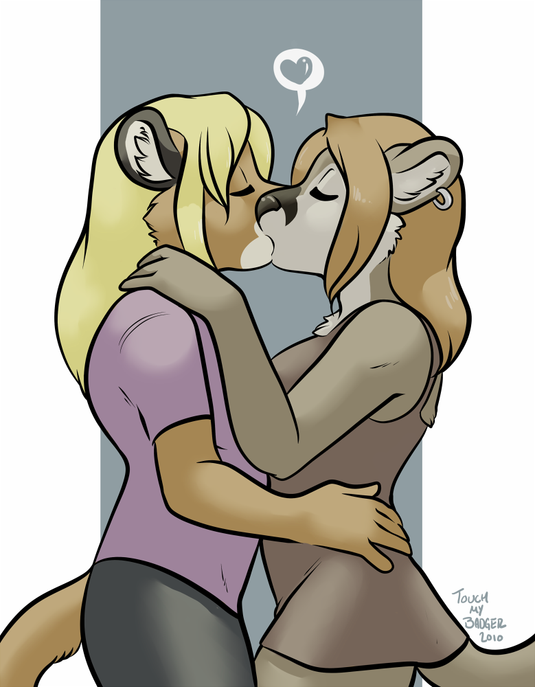 anthro blonde_hair breasts brown_body brown_fur brown_hair dipstick_ears duo ear_markings ear_piercing ear_ring eyes_closed female female/female french_kissing fur hair heart_reaction heart_symbol kissing multicolored_ears piercing ring_piercing speech_bubble mitti chakona_space alison_(goldfur) stargazer_(goldfur) cougar felid feline mammal 2010 pictographics