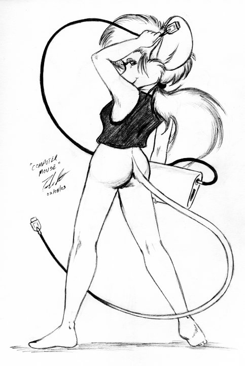 anthro barefoot big_ears bottomless butt clothed clothing electronics feet female humanoid_feet plantigrade portable_music_player rear_view solo text topwear usb_tail vest polecat_(artist) apple_inc. ipod mammal mouse murid murine rodent 2003 english_text monochrome signature