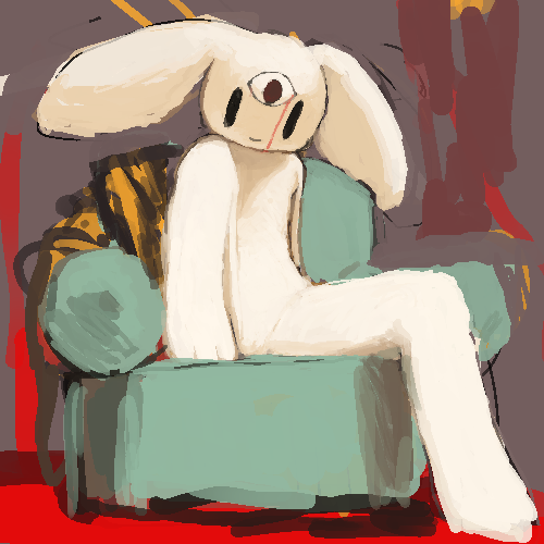 3_eyes anthro blood bodily_fluids chair female fur furniture multi_eye nude on_chair sitting white_body white_fur bronzecatworld ruby_quest ruby_(rq) lagomorph leporid mammal rabbit 1:1 low_res