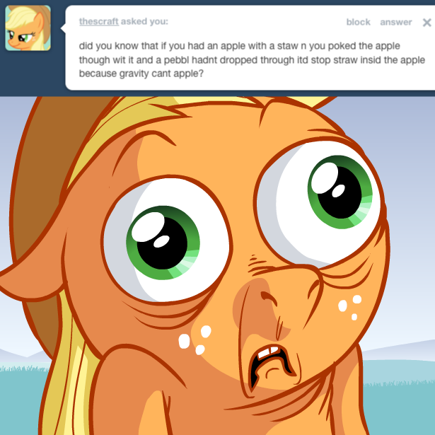 ask_jappleack blonde_hair clothing female green_eyes hair hat headgear headwear solo text what hotdiggedydemon friendship_is_magic hasbro my_little_pony tumblr applejack_(mlp) earth_pony equid equine horse mammal pony 1:1 english_text