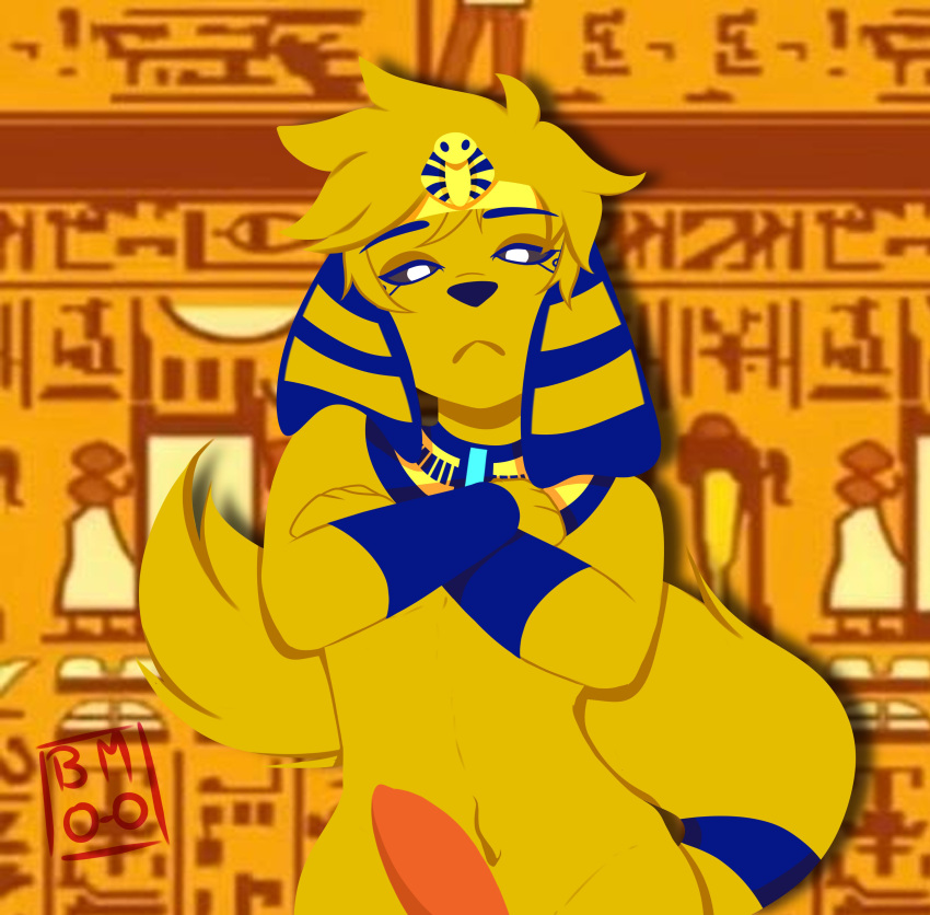 anthro clothing egyptian egyptian_clothing egyptian_headdress erection fur genitals jewelry looking_at_viewer male penis solo white_eyes yellow_body yellow_fur unknown_artist ankha_zone mikecrack canid canine canis domestic_dog mammal meme